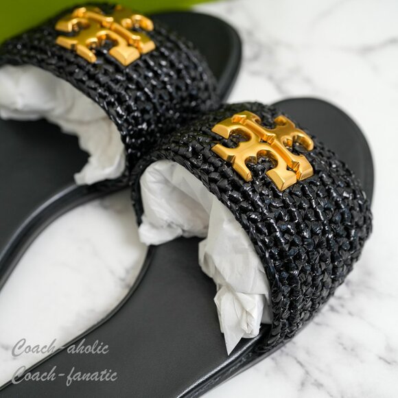 NIB Tory Burch Everly Slide Crochet Lacquered Raffia in Black Size 7/7.5 - Picture 4 of 8